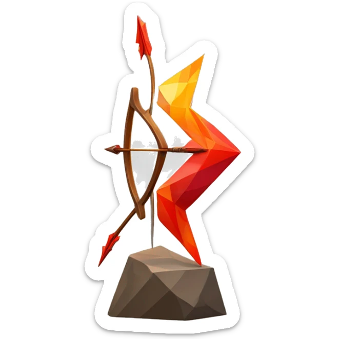 A bow and arrow symbol sculpture with a geometric, faceted design. The symbol is standing upright with angular and disney features. The vibrant red flame colors highlights the sharp edges and planes. sticker