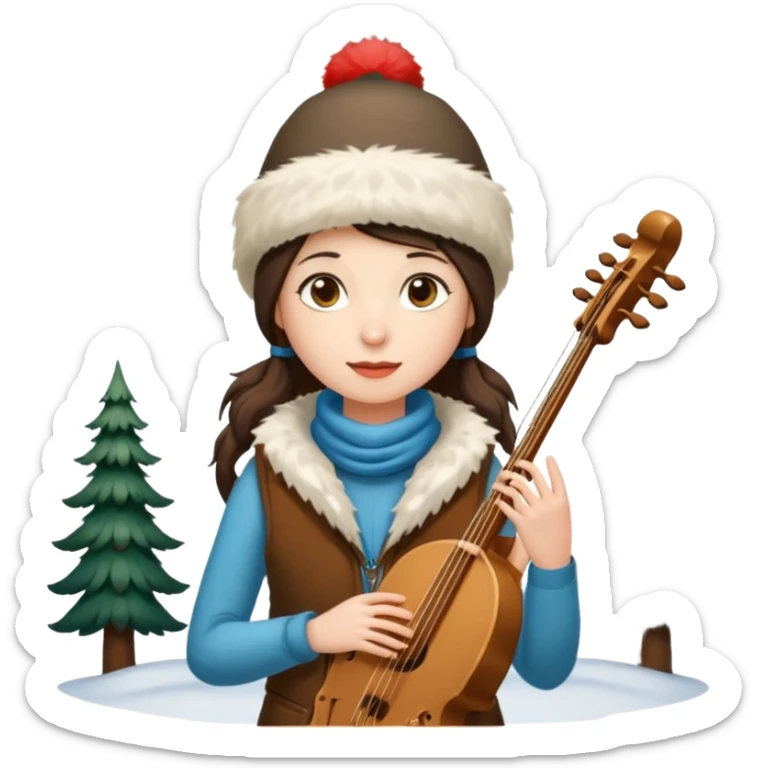 "Girl 👩🏻‍🦱 in fur hat 👒🦊 and vest 🧥, standing in snow ❄️🌲, holding a Bashkir dombyra 🎶 (long-necked two-string folk instrument). Emoji style." sticker