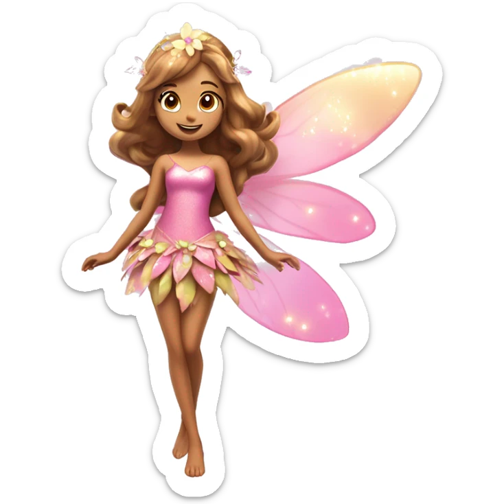 Flora the adult latina fairy of nature in her enchantix fairy pink clothing and fairy enchantix wings and long light brown hair from winx club. Small eyes, Lots of sparkles and fairydust. Full body and full fairy bliss sticker