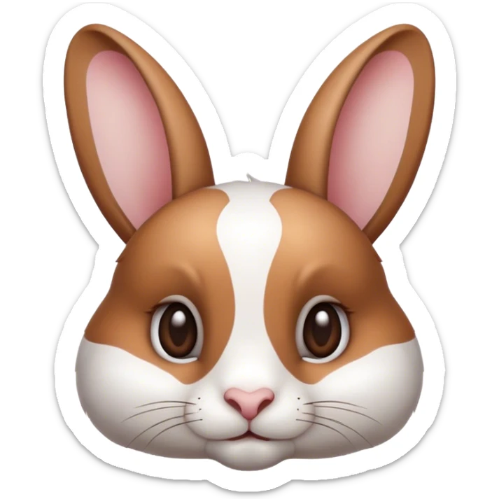 Cinematic Noble White and Brown Rabbit Portrait Emoji, Poised and regal, with a balanced, compact build and a beautifully patterned fur of pristine white accented by rich brown patches, long, alert ears and deep-set soulful eyes, Simplified yet sharp and sophisticated features, highly detailed, glowing with a soft, dignified glow, high shine, intelligent and gentle, stylized with an air of refined charm, focused and attentive, soft glowing outline, capturing the essence of a watchful and confident companion, so majestic it feels as though it could hop out of the screen with effortless authority! sticker