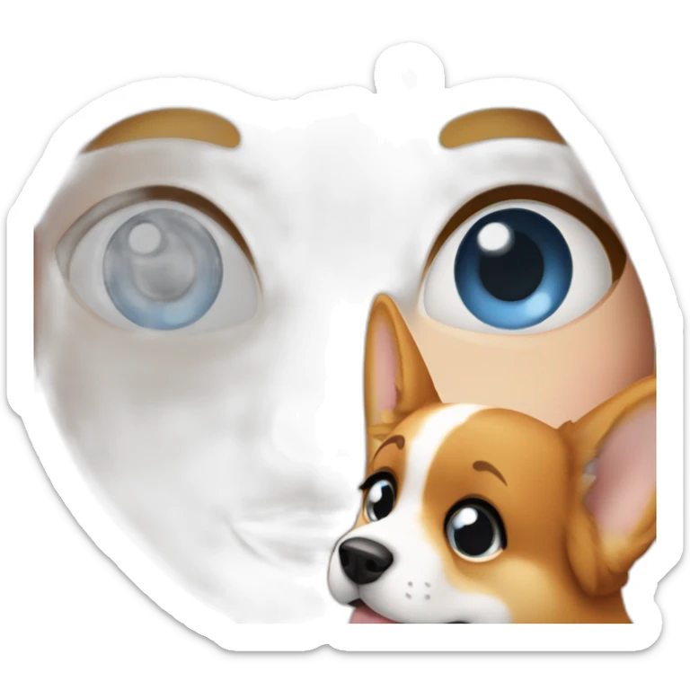 A long hair blond girl with big nose and blue eyes with a corgi sticker