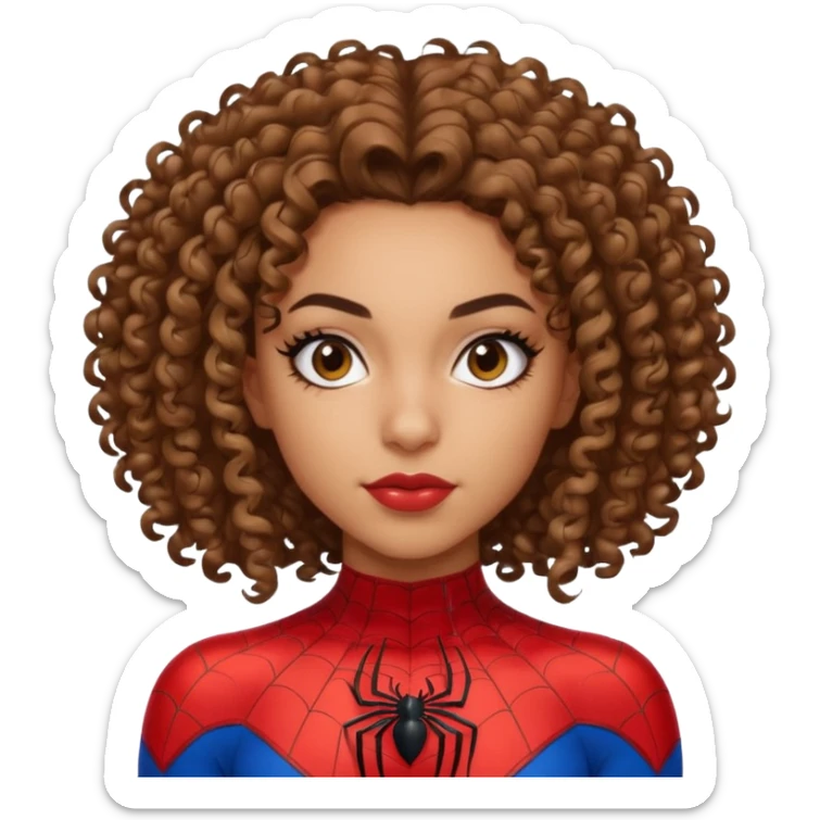 Lightskin girl with curly hair, eyebrow piercing in left side, wearing a spider man costume sticker