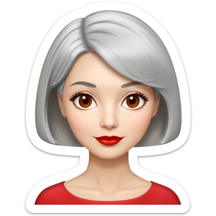Sophisticated 70s woman with silver-gray bob cut, fair skin, almond eyes, distinctive cheekbones, wearing red lipstick and red blouse, warm friendly expression sticker