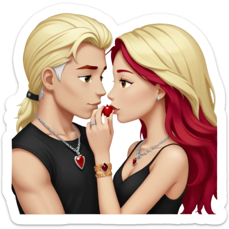 close-up of young couple kissing, girl with long cherry red hair and blonde eyebrows, gold A necklace, diamond ring, red bracelet, boy with stark white hair, silver ring with black stone, dark t-shirt sticker