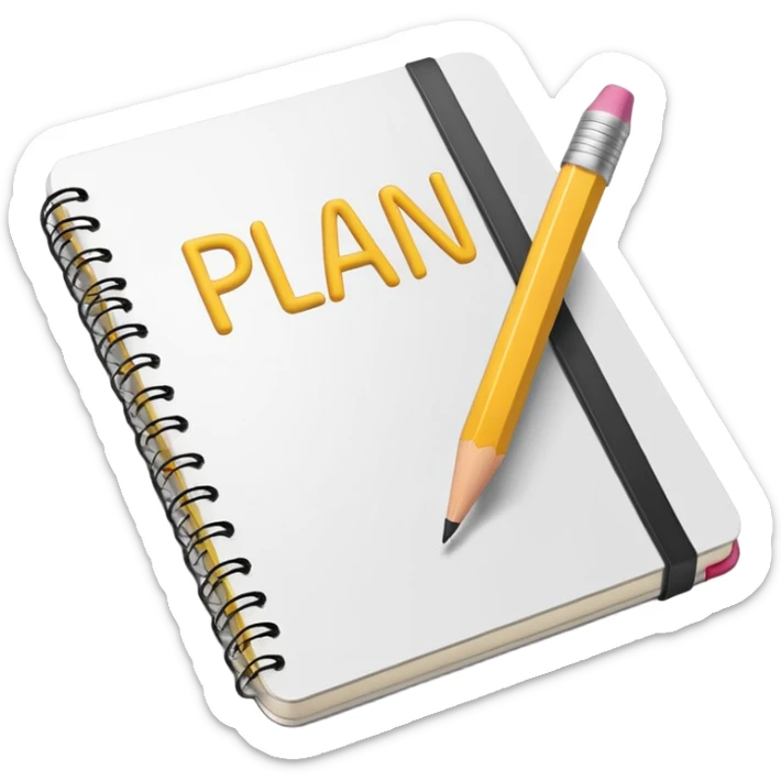 Emoji of a notebook with a pencil and the word “PLAN” written on the cover, iPhone emoji style. Flat design, smooth gradients, rounded edges, soft shadows, clean look, white background. sticker