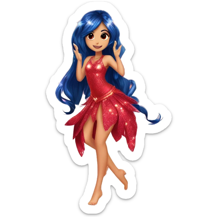 Musa asian adult latina fairy of music in her enchantix fairy red sparkling two-piece clothing and fairy enchantix wings and long dark blue hair from winx club. Lots of sparkles and fairydust. Full body pic and full fairy bliss sticker