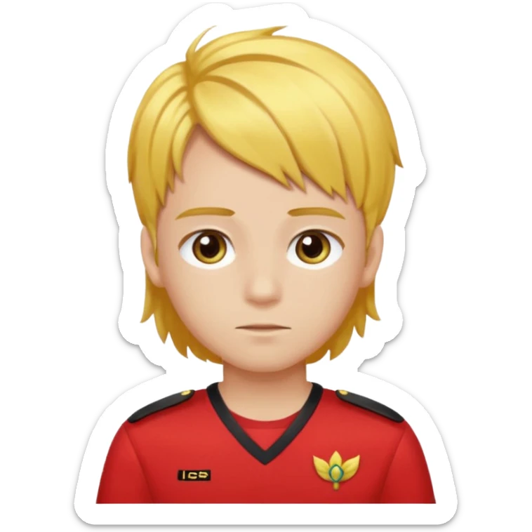 SARI SAÇLI SAÇININ YARISI SOLA DOĞRU DİĞERİNİN SAĞ TARAFTA AMA DÜZ DURAN KAHVERENGİ GÖZLÜ UZUN KİRPİKLİ BUĞDAY RENKLİ KIRMIZI ÜNİFORMALI BİR ERKEK ÇOCUK sticker