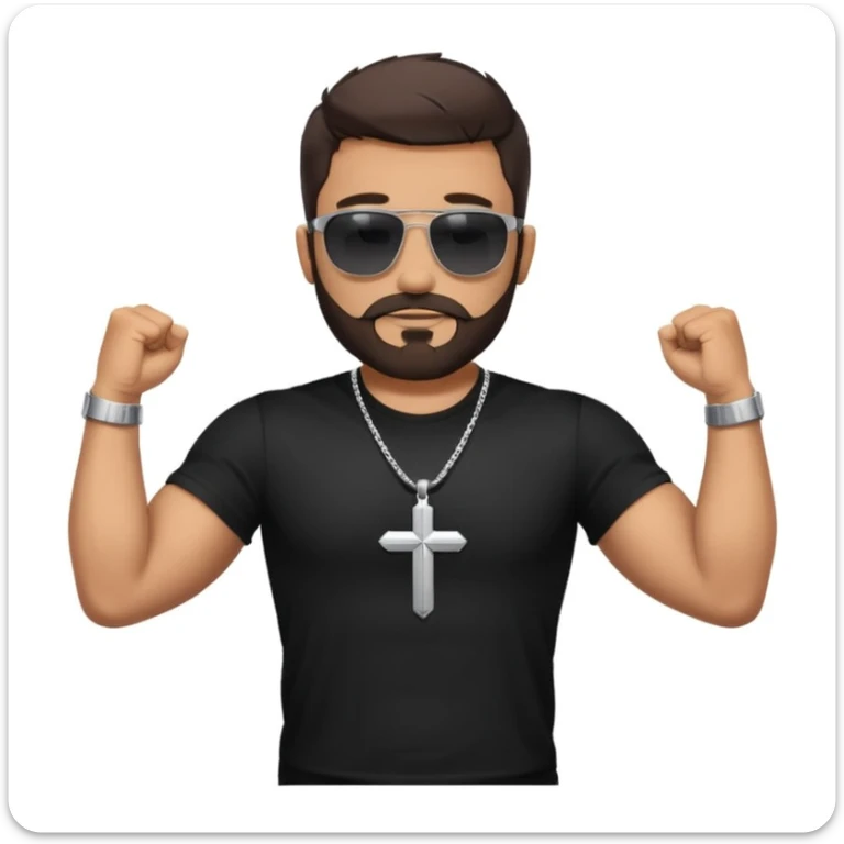 man with a beard and short dark hair, wearing sunglasses, a black t-shirt, and a cross necklace, flexing his arms confidently, outdoors sticker