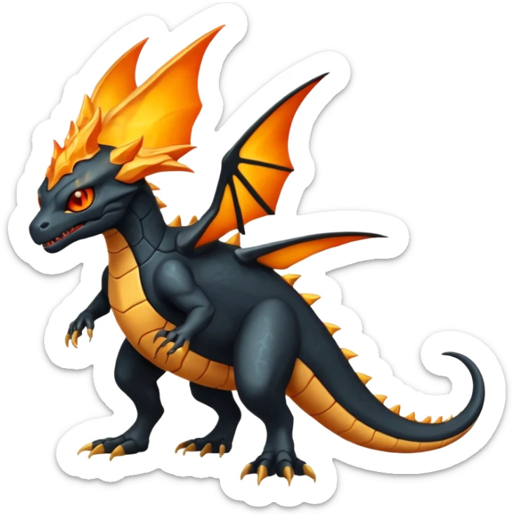 Magmatic fiery badass cool obsidian-Black and golden-orange Helioptile-Amaura-Salamence-Fakémon-hybrid-creature (full body)  sticker