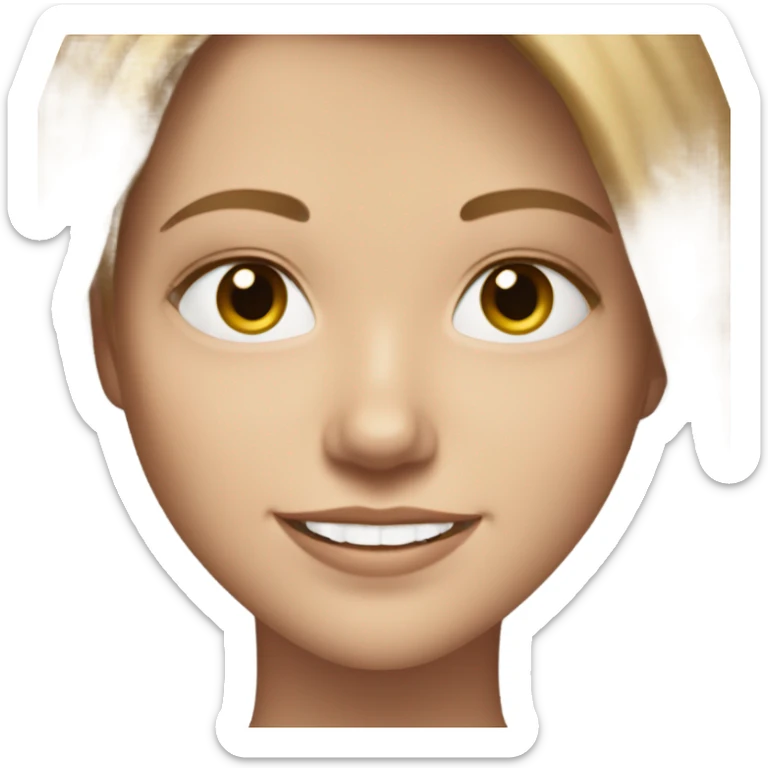 White girl with medium length light brown hair in denim jeans and white shirt smiles sticker