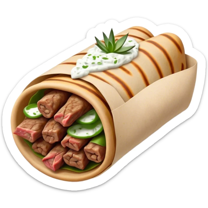 Gyros Cinematic Realistic Gyros Dish Emoji, depicted as succulent, spiced meat wrapped in paper for easy handling, rendered with lifelike textures and dynamic, warm lighting. sticker