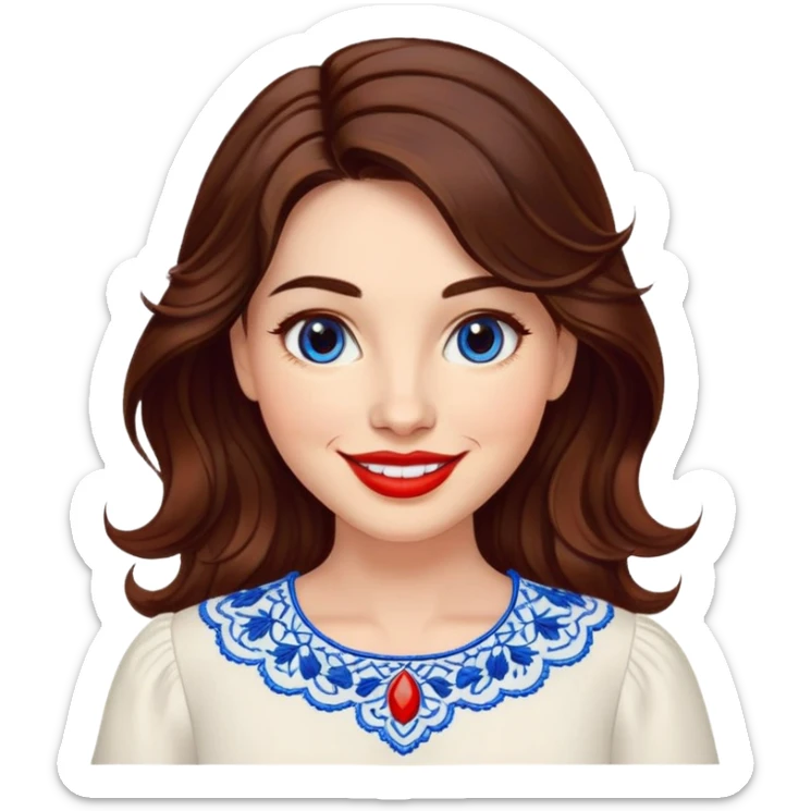 Friendly woman in her late 30s with luminous fair skin, round face, wide smile, large light brown eyes, vibrant red lips, shoulder-length dark brown wavy hair, wearing white blouse with blue embroidery and electric blue neckline sticker
