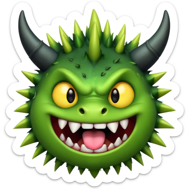 A green monster with two small black horns, spiky fur, big round yellow eyes, and a wide grin showing sharp teeth with its tongue playfully sticking out.  sticker