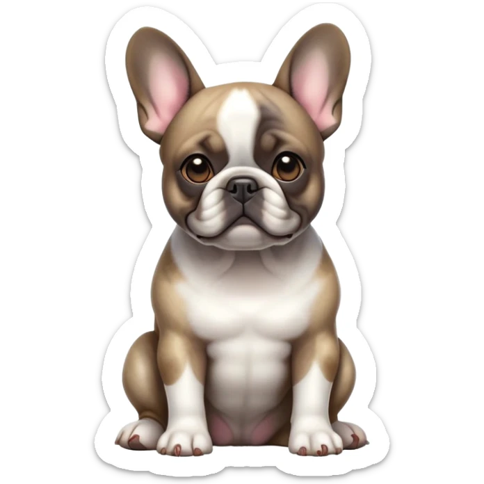 cinematic-[french bulldog]-realistic-full-body-sitting-emoji,-tail-resting-loosely-beside-its-paws,-head-tilted-dramatically,-sleek-[pied brindle]-fur,-simplified-yet-realistic-focused-features,-highly-detailed,-glowing-with-an-almost-sarcastic-glow sticker