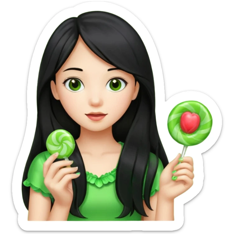 A girl with long black hair holding a piece of green hard candy in one hand and a green candy wrapper showing a guava on it in the other hand sticker