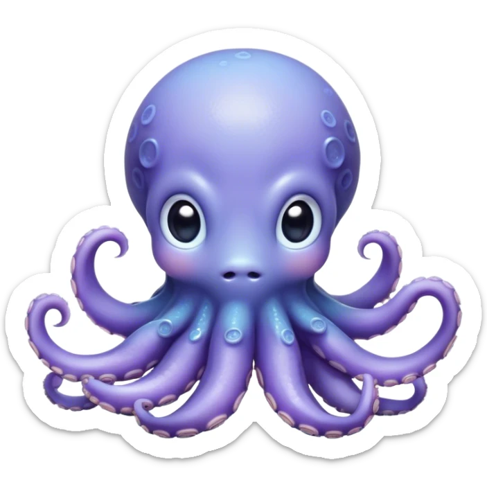 Cinematic Cute Shy Baby Octopus Portrait Emoji, Tentacles tucked slightly inward in an adorably bashful pose, featuring a softly glowing, round light blue-purple body with enormous, soulful eyes peering out timidly, Simplified yet irresistibly adorable features, highly detailed, glowing with a delicate, soothing marine radiance, high shine, quiet yet expressive, stylized with an air of gentle mystery, soft glowing outline, capturing the essence of a tiny, shy deep-sea creature that seems as if it could slowly peek out and explore the world with cautious curiosity! sticker