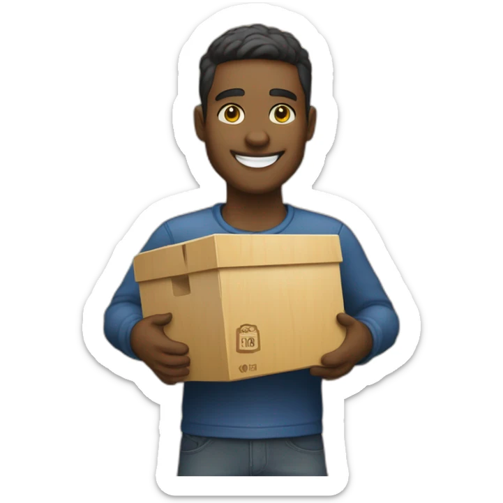 A person holding a box of wood with a beautiful smile will make any wooden product you want. Black cheek and it has a foodball yellow. sticker