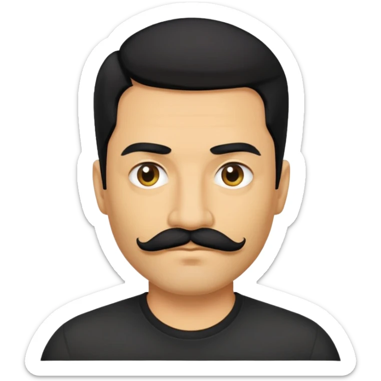 đàn ông 40 tuổi, da vàng đậm, tóc rậm rạp màu đen, ria mép màu đen, áo đen sticker