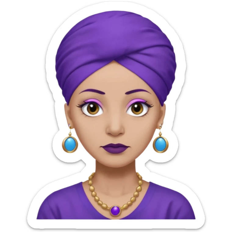 make her skin purple, she has no hair and her eyelashes are huge and she's old and and mean looking with a purple turban with big blue circle earrings and a purple big collared shirt sticker