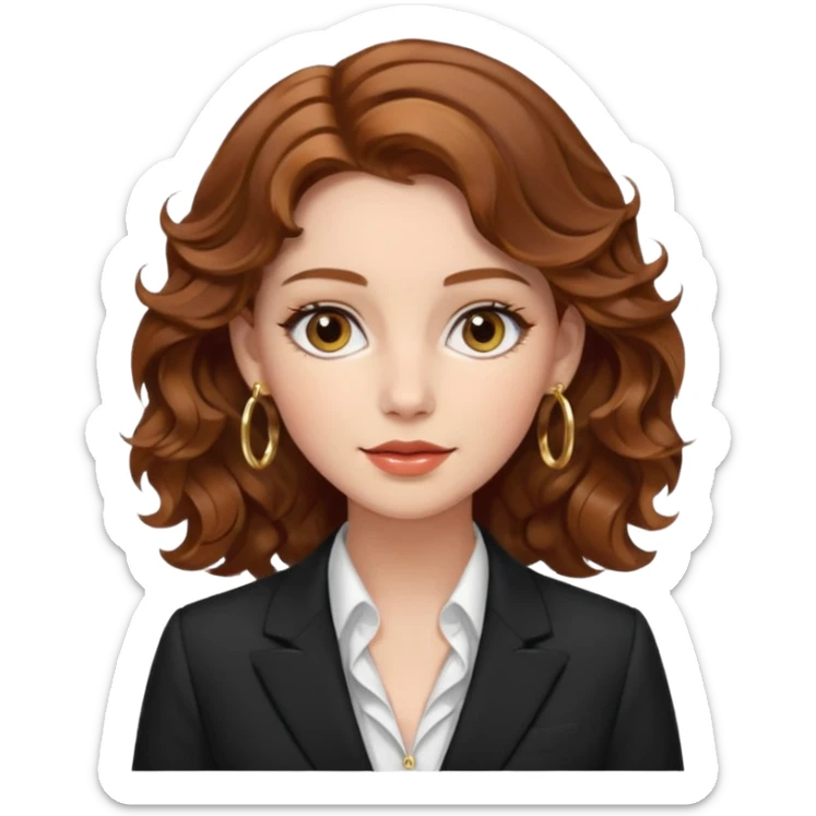 emoji of a young elegant lady, wavy chestnut hair, wearing a formal suit and gold hoop earrings, poised look sticker