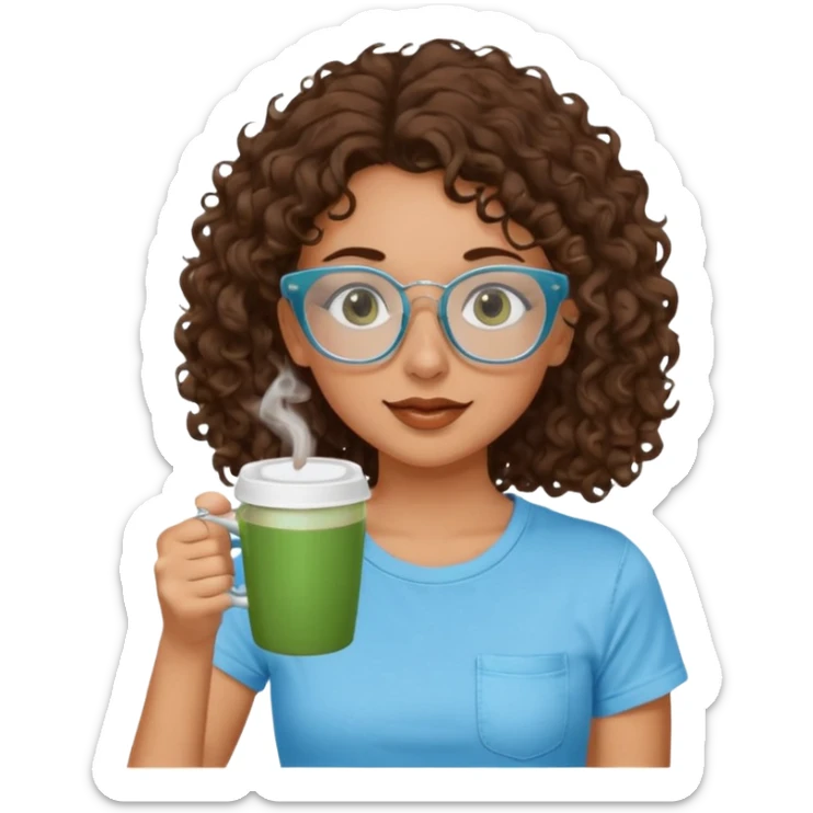 White girl with dark brown curly hair, brown eyes, sky blue glasses, nose ring, green t shirt, drinking coffee from a glass cup sticker
