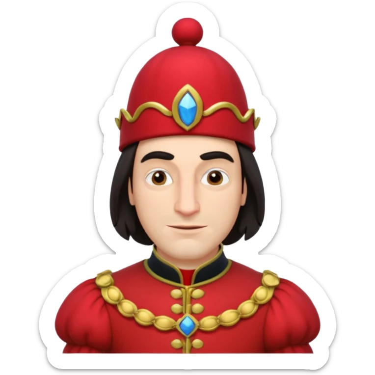 lord farquad avec un chapeau rouge plat sur le dessus, il a un vêtement rouge avec des manches bouffantes sticker