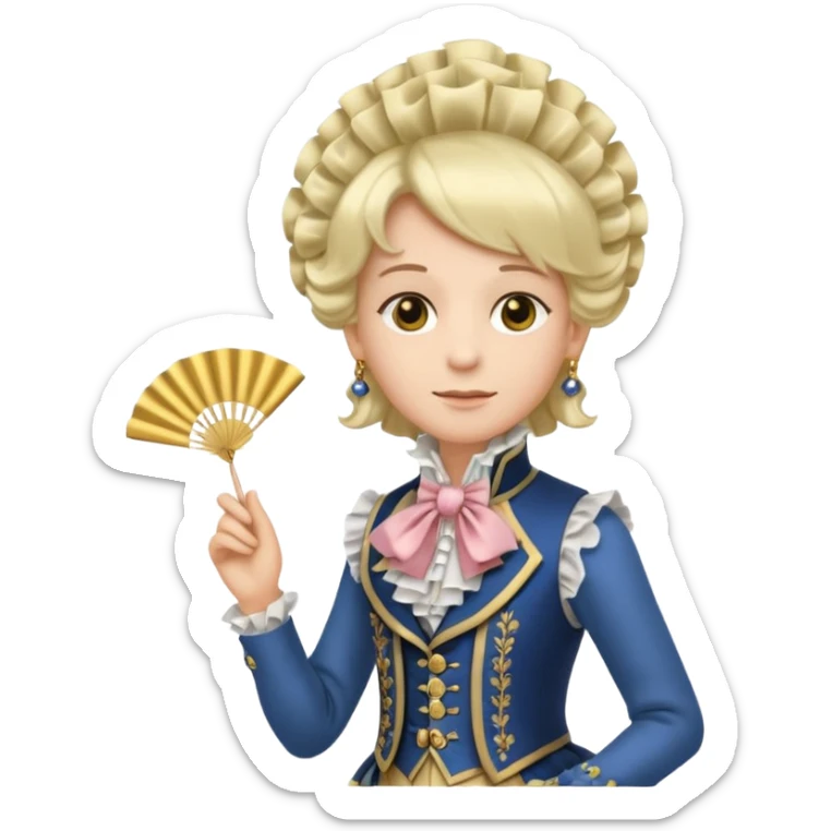 An emoji portrait of a French aristocrat. He wears a powdered wig and a silk waistcoat with a ruffled jabot. His expression is poised and refined, and he holds a fan. sticker