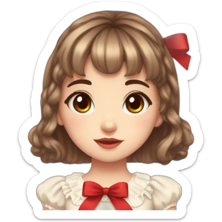 cute girl with brown eyes,brown hair,bang between eyes,short fluffy hair,red ribbon on head,lolita dress sticker