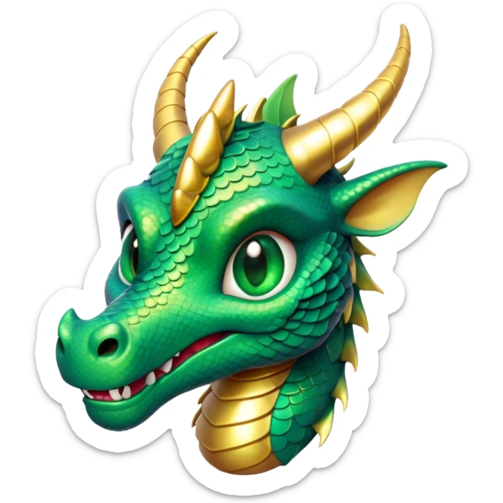Cinematic Cute Dragon Portrait Emoji, Head tilted playfully and inquisitively, featuring a sleek, serpentine form adorned with iridescent scales that shift between emerald and gold, a delicate set of subtle horns, and round, sparkling eyes full of curious magic; rendered with realistic detail and warm natural light, high shine, affectionate and enchanting, styled with a touch of whimsical fantasy, soft glowing outline, capturing the essence of a mischievous yet lovable dragon that seems poised to slither playfully into your arms! sticker
