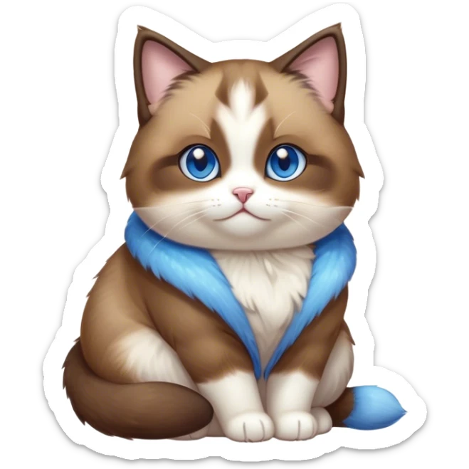 Cinematic Cute Chubby Brown Mantle Snowshoe Cat Portrait Emoji, Round and plump body, soft brown fur draped over its back like a luxurious coat, contrasted by fluffy white paws, chest, and an adorably chubby face, big, sparkling icy-blue eyes, Simplified yet irresistibly adorable features, highly detailed, glowing with a warm, cozy glow, high shine, curious yet calm, stylized with a touch of whimsy, bright and endearing, soft glowing outline, capturing the essence of a mischievous yet lazy and lovable kitty, so cuddly it feels like it could waddle right out of the screen for a snuggle! sticker