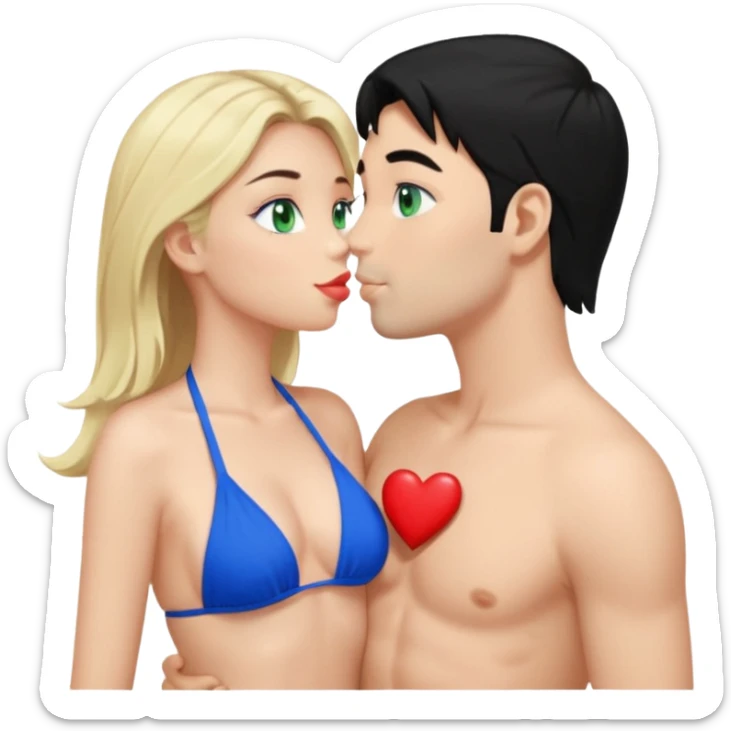 Blonde Woman Green eyes blue Bikini whole body Kissing man black Hair blue eyes Hearts in Body sticker