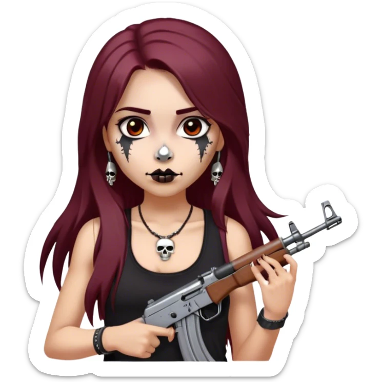 emoji of girl with an ak47 in hand with a black tank top with skulls on it with maroon dark long hair in a middle part with straight nose hazel eyes medium perfect eye brows with  a nose ring silver on the right nostril  sticker