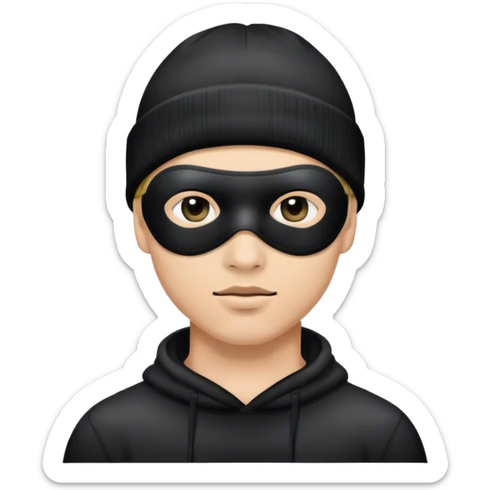 Guy emoji but as a thief wearing a black eye mask and black beanie with no facial hair sticker