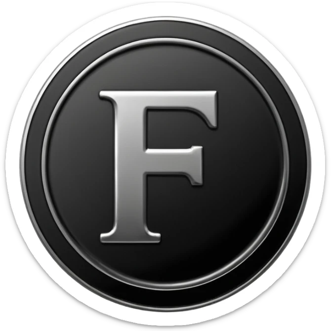 Emoji icon of a black coin with engraved letter F, minimalist style, isolated sticker