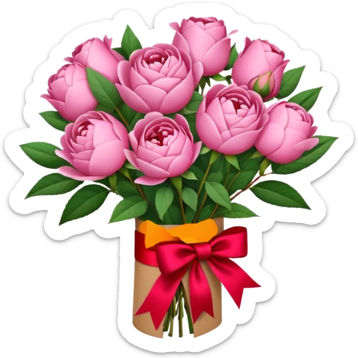 Bouquet of pink flower like rose and peony wrapped in kraft paper with red bow sticker