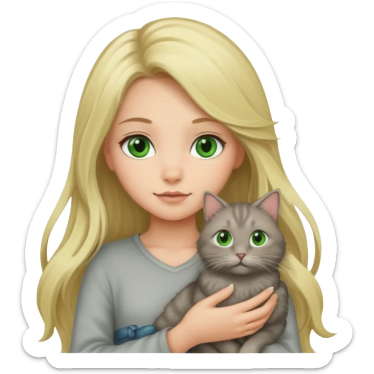 Blonde green eyed girl with long hair holding cat sticker
