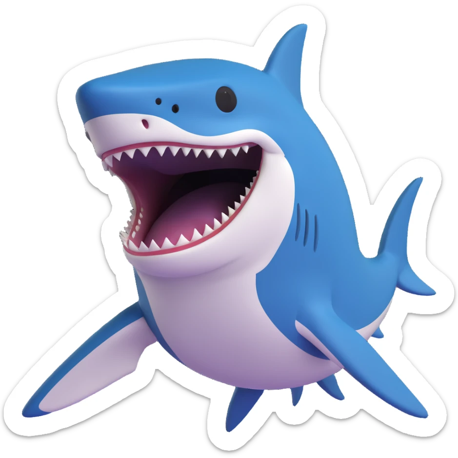Edit the shark emoji in the smooth, cartoonish, 3D emoji style to be a dark moderate blue color. Remove legs and sneakers. The shark should have its mouth open with no background. sticker