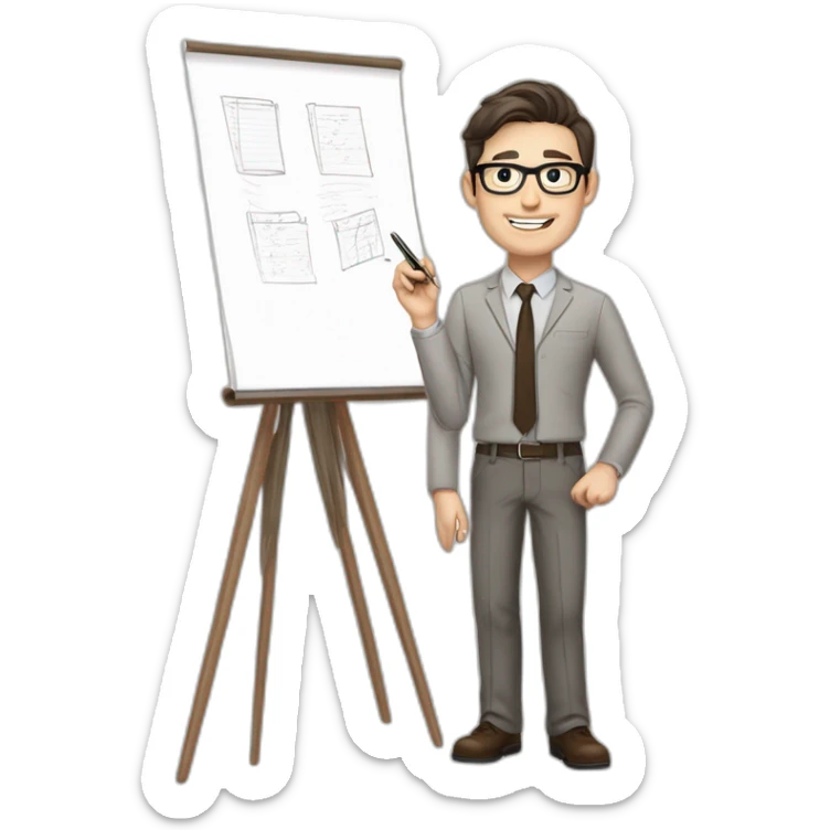Pale skinned fit man with dark brown hair in gray jacket, beige office shirt, brown tie, brown pants and vintage glasses Writing on the flipchart sticker