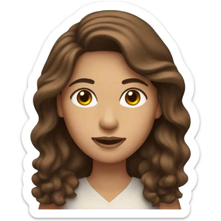 a woman with brown long wavy hair and brown eyes and white skin with macbook sticker