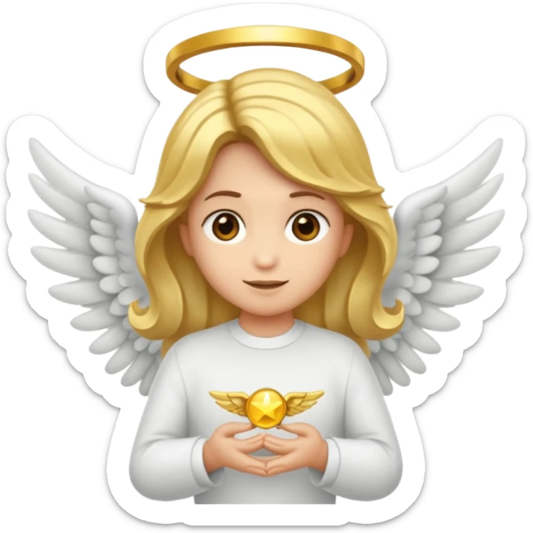 "Um emoji de anjo com cabelos loiros, um halo, asas, segurando um sinal de 'compartilhar' em letras em negrito." sticker