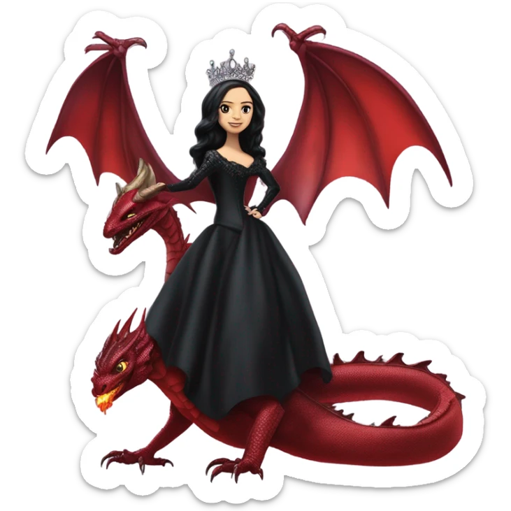 Lavish Victorian evening gown, Jenna Ortega as young Morticia Addams Jedi wearing a mini tiara, riding on the back of a very large blood red evil-looking fire-spewing horned dragon sticker