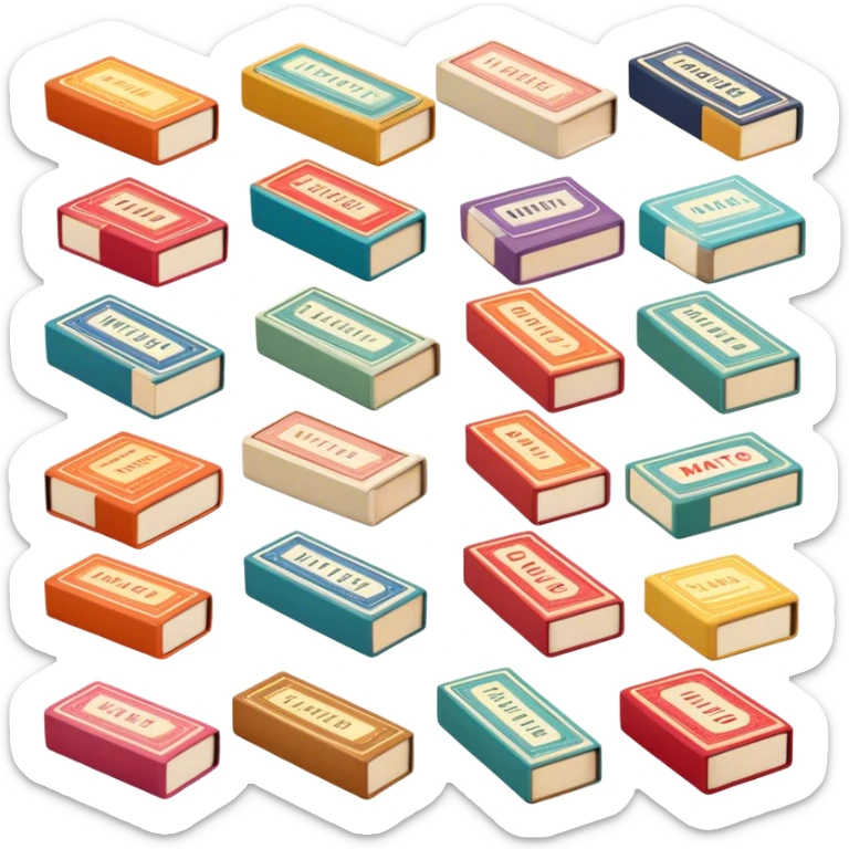 Icon for Matchbox Collecting: a collection of colorful vintage matchboxes arranged in a row, with the match tips visible on the sides. The icon should highlight the unique design and charm of the matchboxes from various places. Transparent background. sticker