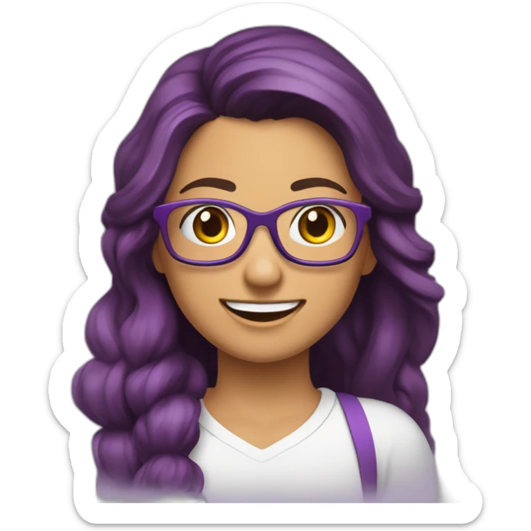 mujer-piel muy blanca-con gafas-sonriendo-camisa color morado-pelo corto hasta el hombro-pelo color marrón,con un computador,muy detallada sticker