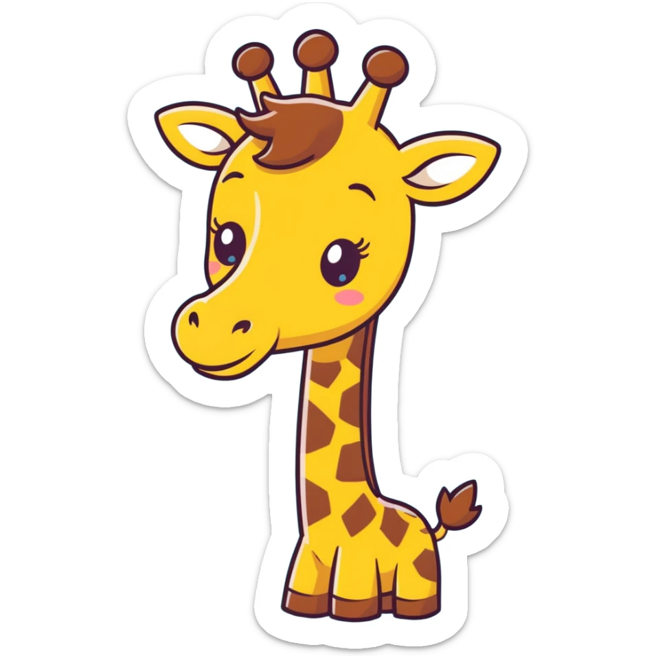 An adorable cartoon giraffe face with one eye slightly closed in a wink, a big cheerful smile, and a tiny raised hoof waving hello. Rosy cheeks, sparkles in the eyes, and a warm yellow-brown palette. The expression should feel inviting, like a happy 'Hi chat!' Perfect for greetings sticker