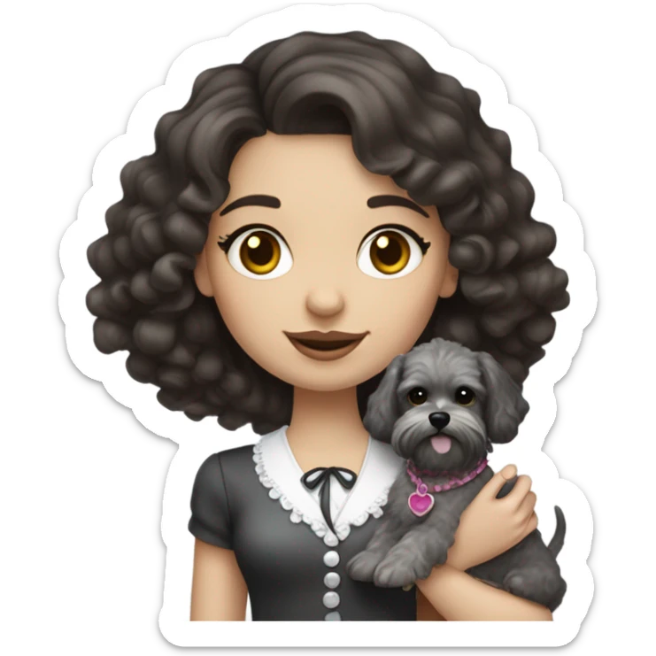 A girly with dark brown curly hair and pale skin wearing coquette clothes, and holding a salt & pepper miniature shnuaEd sticker