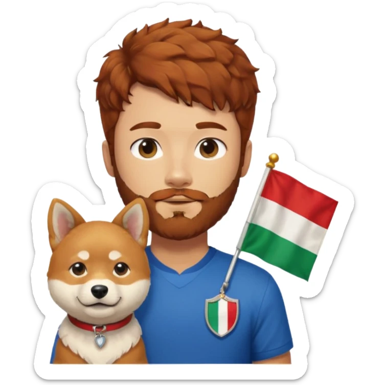 Italy flag shirt boy with beard brown reddish curly hair next to Shiba Inu sticker