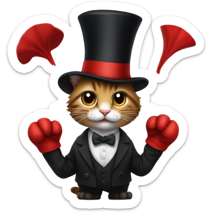 Cat with a top hat wearing a suit and tie and black ripped jeans with a fluffy tail and sharp claws and fingerless gloves while holding a red hat gone  sticker