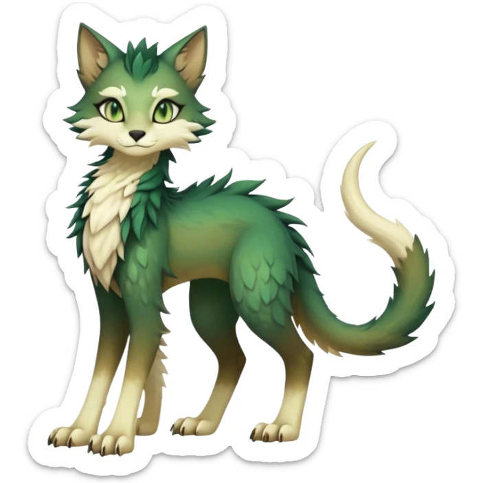 Kawaii dark edgy fantasy ethereal feline-vernid-sergal-fursona animal creature with a tufted tail full body, brown fur, with gradient beige-white intricate markings, hazel-gold-green eyes sticker