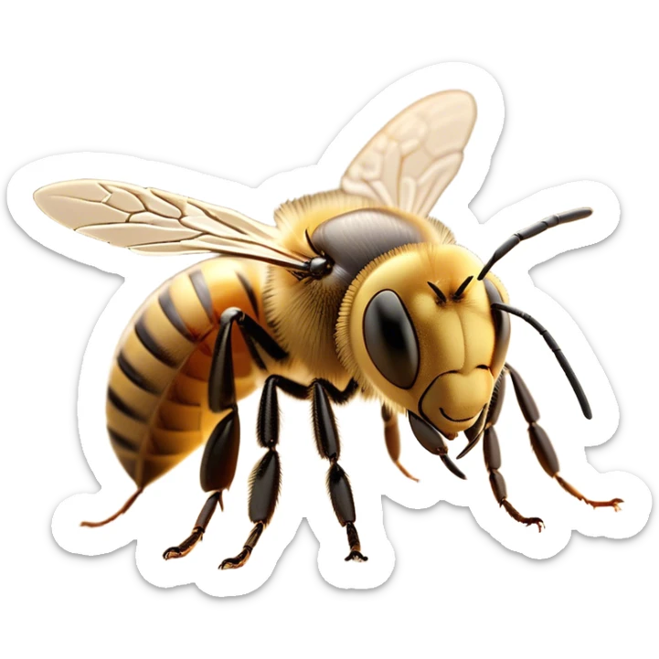 Beautiful and Majestic Bee Portrait Emoji, Head and body rendered in serene repose with a gentle, content smile, showcasing a tiny, fuzzy form with softly closed delicate wings and eyes in tranquil slumber, Simplified yet exquisitely endearing features, highly detailed, glowing with a soft, drowsy golden light, high shine, relaxed and utterly noble, stylized with an air of regal natural beauty, soft glowing outline, capturing the essence of a majestic bee that embodies the timeless charm of nature! sticker