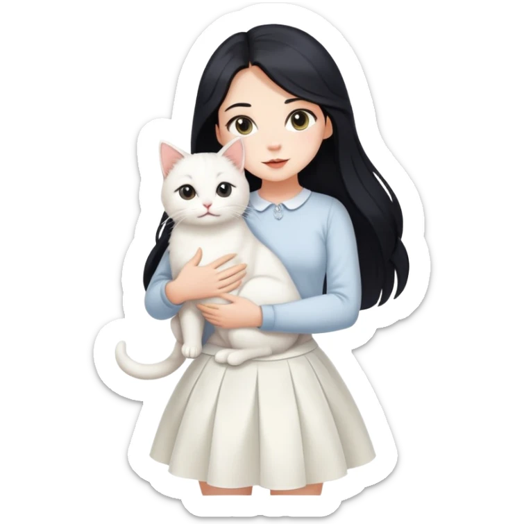 A beautiful girl with long black hair wearing a white skirt holds a cute white cat in her arms sticker